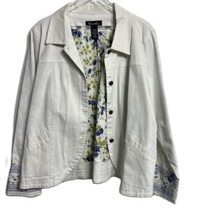 Denim & Co Jean Jacket Womens White Embroidered Sleeve Lined Pockets XL